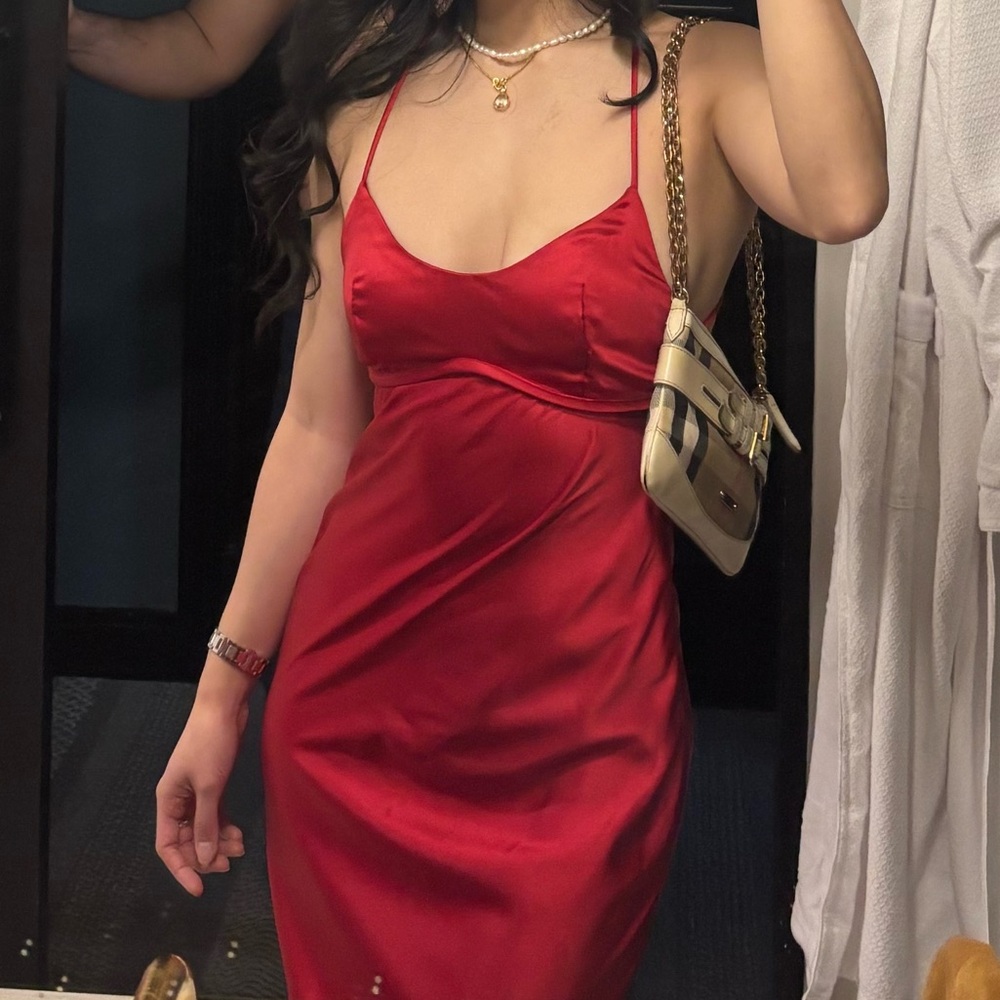 Satin Red Dress Lace Up Back - XS/S